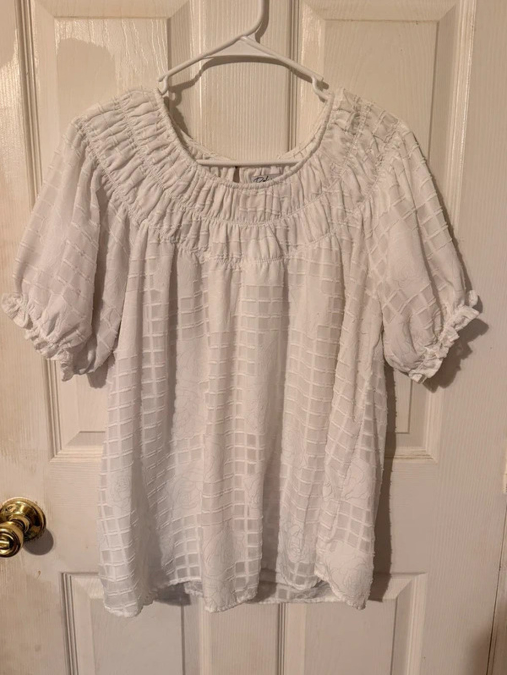 Polagram White Peasant Scoop Neck Cottagecore Puff Sleeve Boho Blouse- L